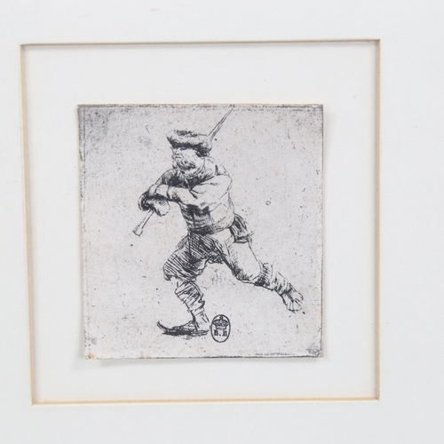 2162 - After Rembrandt, engraving, ice skating, 6cm x 5.5cm, framed