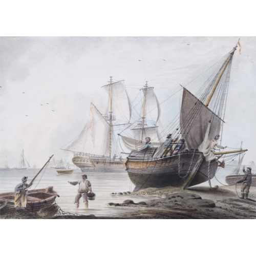 2165 - Early 19th century watercolour, busy shipping scene, unsigned, 16.5cm x 23cm, framed