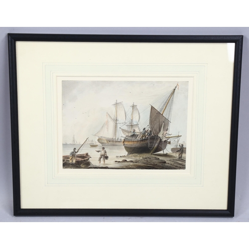 2165 - Early 19th century watercolour, busy shipping scene, unsigned, 16.5cm x 23cm, framed