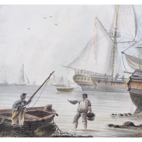 2165 - Early 19th century watercolour, busy shipping scene, unsigned, 16.5cm x 23cm, framed