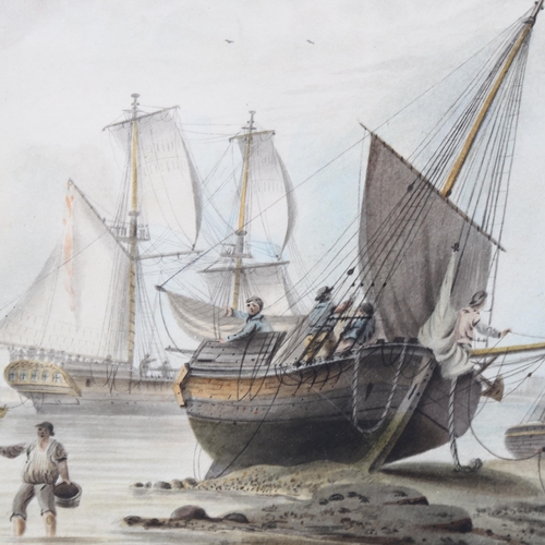 2165 - Early 19th century watercolour, busy shipping scene, unsigned, 16.5cm x 23cm, framed