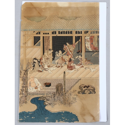 2166 - Tosa Mituoki (1617 - 1691), 18th/19th century woodblock print, domestic scene, 30cm x 19cm, unframed