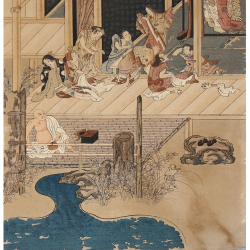 2166 - Tosa Mituoki (1617 - 1691), 18th/19th century woodblock print, domestic scene, 30cm x 19cm, unframed