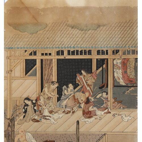 2166 - Tosa Mituoki (1617 - 1691), 18th/19th century woodblock print, domestic scene, 30cm x 19cm, unframed