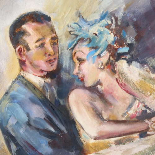 2170 - Mid-20th century oil on board, ballroom dancers, unsigned, 71cm x 55cm, unframed