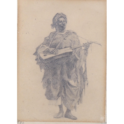 2176 - Edwin Lord Weeks, pencil drawing, African musician 1890, 9.5cm x 7cm, framed