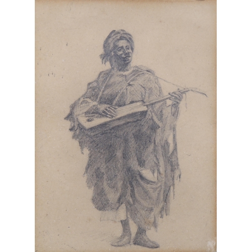 2176 - Edwin Lord Weeks, pencil drawing, African musician 1890, 9.5cm x 7cm, framed