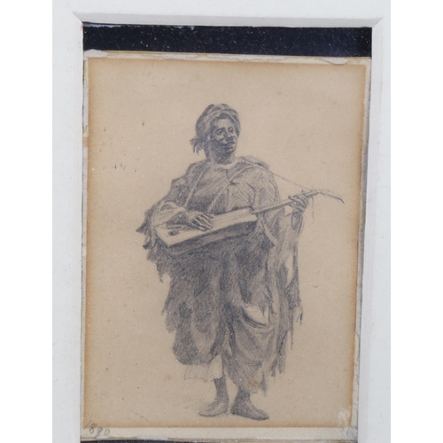 2176 - Edwin Lord Weeks, pencil drawing, African musician 1890, 9.5cm x 7cm, framed