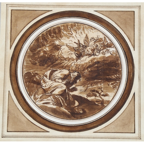 2177 - Manner of Benjamin West, circular sepia watercolour, Classical composition, unsigned, image 14cm acr... 