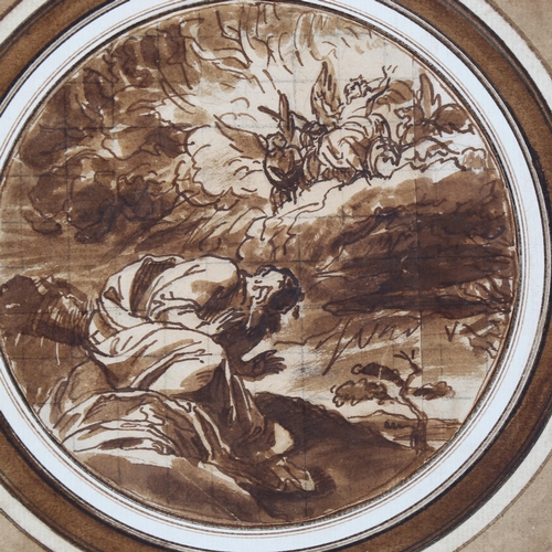 2177 - Manner of Benjamin West, circular sepia watercolour, Classical composition, unsigned, image 14cm acr... 