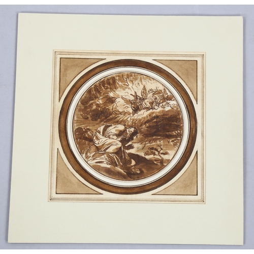 2177 - Manner of Benjamin West, circular sepia watercolour, Classical composition, unsigned, image 14cm acr... 