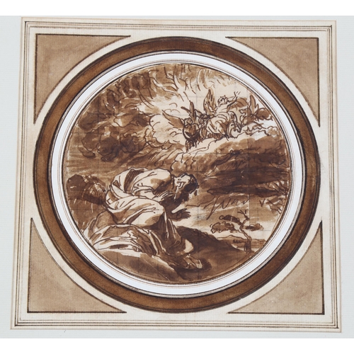 2177 - Manner of Benjamin West, circular sepia watercolour, Classical composition, unsigned, image 14cm acr... 