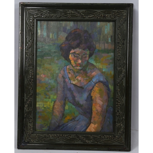 2189 - Michael Lawrence Cadman (1920-2010), oil on board, Woman in Blue, 32cm x 22.5cm, framed. Provenance:... 