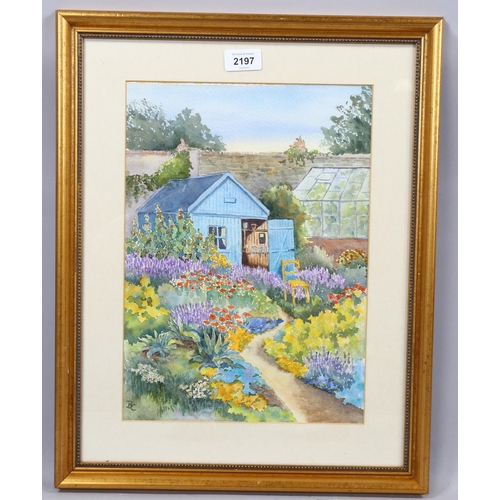 2197 - Mid-twentieth century British School, watercolour on paper, Blue Garden Shed, monogrammed BC, 35.5cm... 