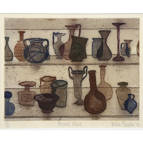 2202 - Valerie Thornton, coloured etching, Ancient Glass, 1972, no. 32/50, plate 19cm x 26cm, framed