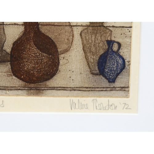 2202 - Valerie Thornton, coloured etching, Ancient Glass, 1972, no. 32/50, plate 19cm x 26cm, framed