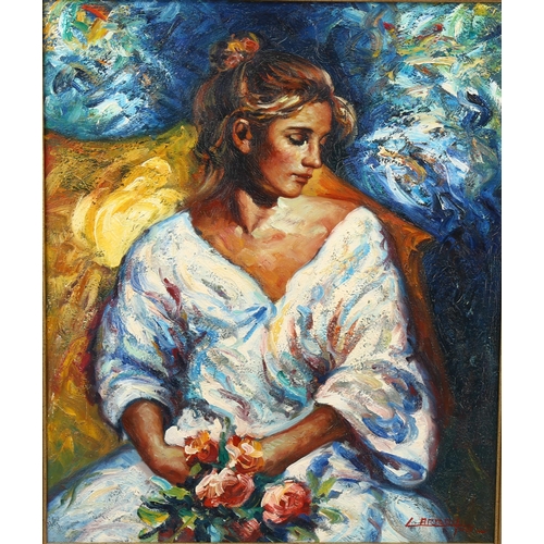 2204 - Contemporary oil on canvas, woman with flowers, indistinctly signed, 55cm x 45cm, framed