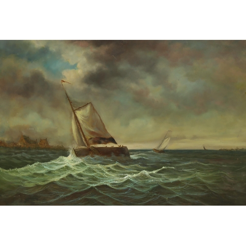 2208 - Contemporary oil on wood panel, fishing fleet in a storm, indistinctly signed, 50cm x 70cm, unframed