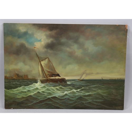 2208 - Contemporary oil on wood panel, fishing fleet in a storm, indistinctly signed, 50cm x 70cm, unframed