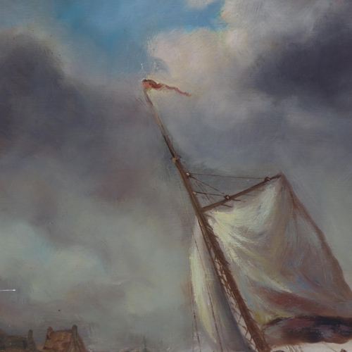 2208 - Contemporary oil on wood panel, fishing fleet in a storm, indistinctly signed, 50cm x 70cm, unframed