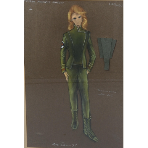 2212 - Anthony Mendleson, original pastel movie costume design for Farrah Fawcett Majors in Saturn III, sig... 