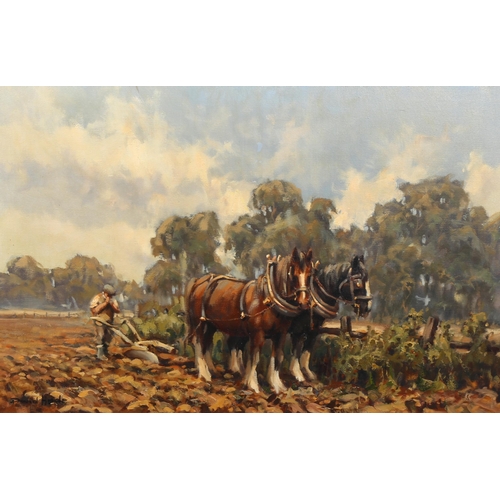 2215 - David Hyde (born 1947), oil on canvas, ploughing scene, signed, 50cm x 75cm, framed