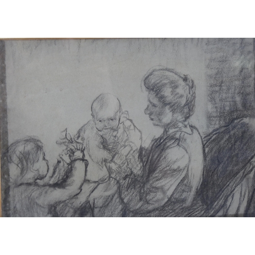 2218 - Charcoal on paper, woman and children, unsigned, 18cm x 25cm, framed