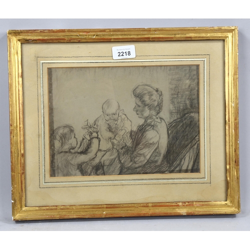 2218 - Charcoal on paper, woman and children, unsigned, 18cm x 25cm, framed