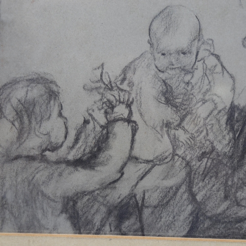 2218 - Charcoal on paper, woman and children, unsigned, 18cm x 25cm, framed