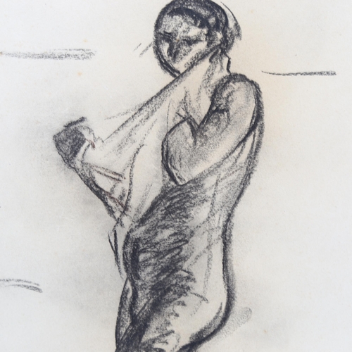 2219 - Lebasque, charcoal on paper, standing figure, indistinctly signed, 36cm x 25cm, mounted