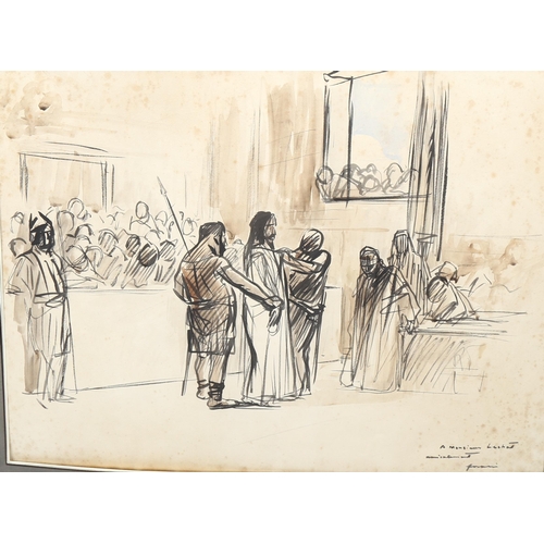 2221 - Jean-Louis Forain (French, 1852 - 1931), ink and wash sketch, Christ before Pontius Pilate, inscribe... 