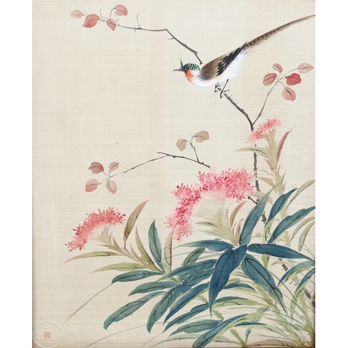 2228 - Chinese School, 3 watercolours on silk, birds and blossom, impressed signatures, 36cm x 29cm, framed