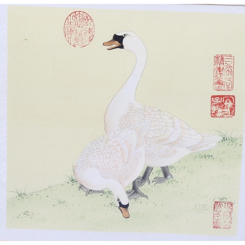 2229 - Chinese School, watercolour, 2 geese, signed with seals, 27cm x 27cm, and ink drawing, bird and bamb... 