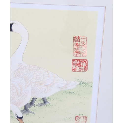 2229 - Chinese School, watercolour, 2 geese, signed with seals, 27cm x 27cm, and ink drawing, bird and bamb... 