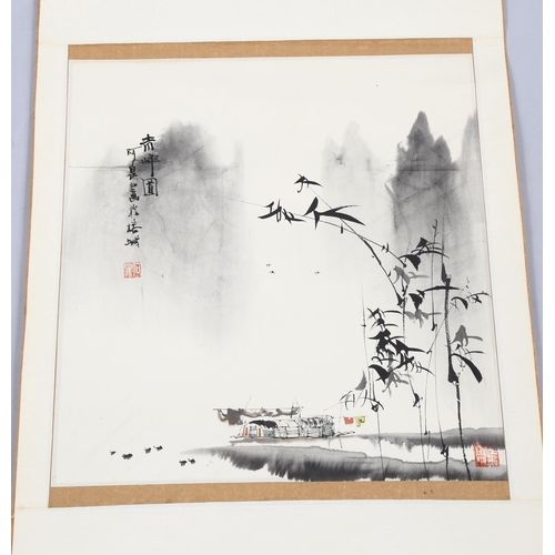 2232 - Chinese School, scroll painting, boat and bamboo, signed with chop, image 50cm x 48cm