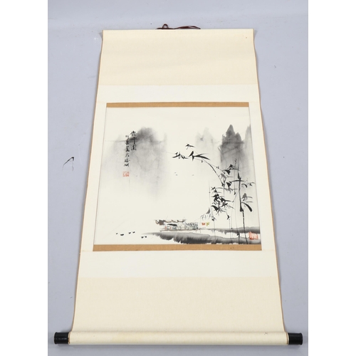 2232 - Chinese School, scroll painting, boat and bamboo, signed with chop, image 50cm x 48cm