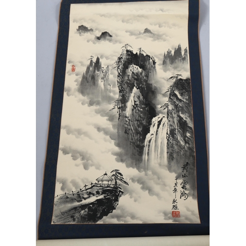 2233 - Chinese School, ink scroll painting, mountain mists, signed with chop, image 89cm x 48cm