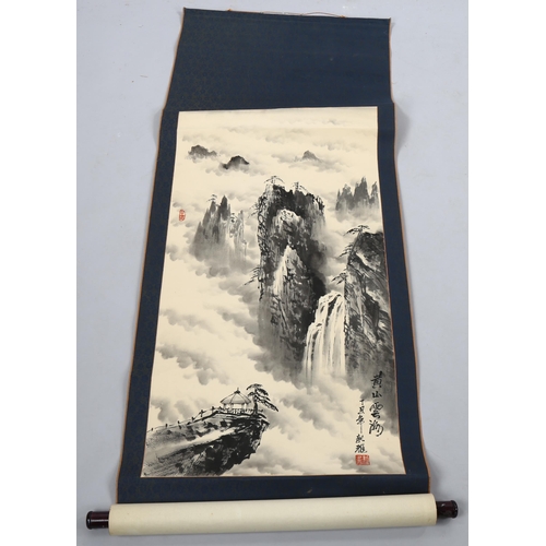 2233 - Chinese School, ink scroll painting, mountain mists, signed with chop, image 89cm x 48cm