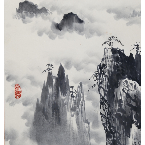 2233 - Chinese School, ink scroll painting, mountain mists, signed with chop, image 89cm x 48cm