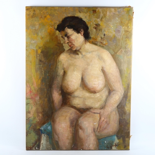 2255 - Mid-20th century oil on canvas, nude life study, indistinctly signed and dated '68, 78cm x 58cm, unf... 