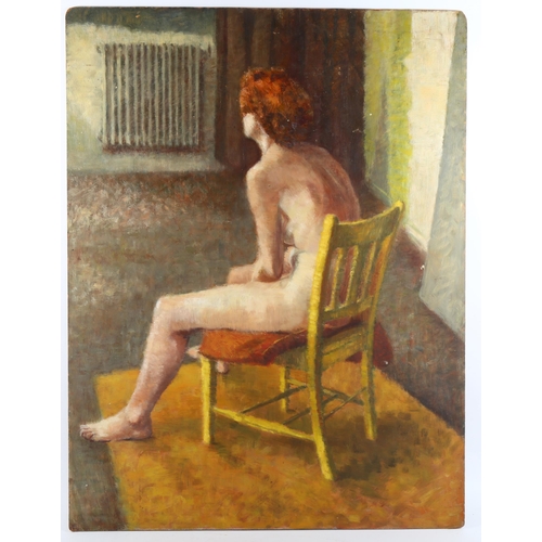 2257 - Mid-20th century oil on board, nude life study, unsigned, inscribed Singer verso, 80cm x 60cm, unfra... 