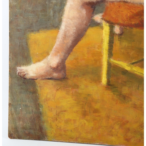 2257 - Mid-20th century oil on board, nude life study, unsigned, inscribed Singer verso, 80cm x 60cm, unfra... 