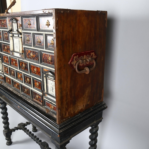 1005 - A rare 19th century Spanish travelling cabinet on stand, 18th/19th century, tortoiseshell engraved i... 