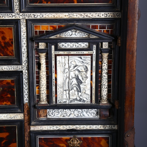 1005 - A rare 19th century Spanish travelling cabinet on stand, 18th/19th century, tortoiseshell engraved i... 