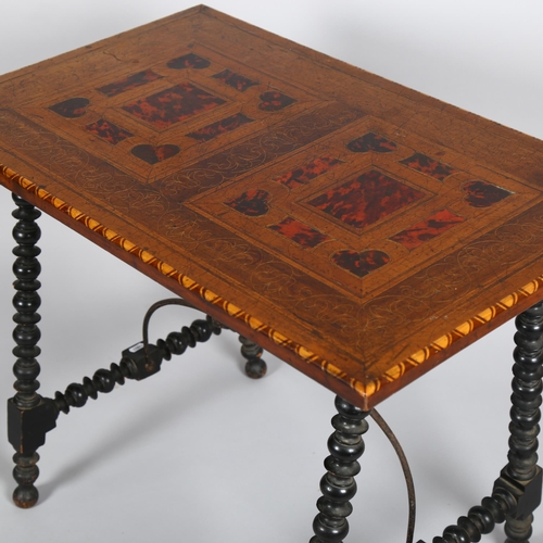 1006 - A Spanish stretcher table, walnut tortoiseshell and boxwood inlay, on ebonised bobbin turned support... 