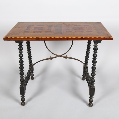 1006 - A Spanish stretcher table, walnut tortoiseshell and boxwood inlay, on ebonised bobbin turned support... 