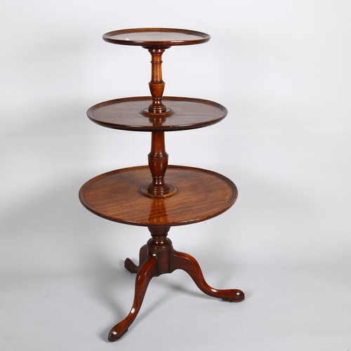 1028 - A George III circular mahogany 3-tier dumb waiter on tripod base, height 110cm, lower tier diameter ... 