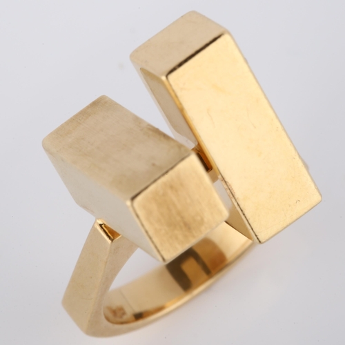 109 - HANS HANSEN - a 1970s Danish 14ct gold geometric abstract ring, set with 2 offset cuboid blocks, wit... 