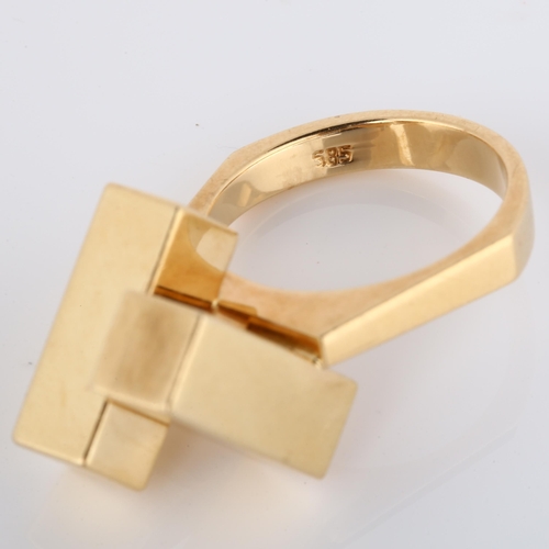 109 - HANS HANSEN - a 1970s Danish 14ct gold geometric abstract ring, set with 2 offset cuboid blocks, wit... 