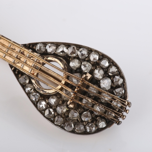 110 - An Antique novelty diamond mandolin musical instrument brooch, circa 1900, unmarked rose gold and si... 